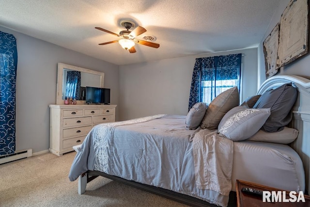 bedroom with light carpet, a ceiling fan, a textured ceiling, baseboards, and baseboard heating