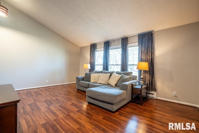 living area featuring vaulted ceiling, baseboards, and dark wood-style flooring