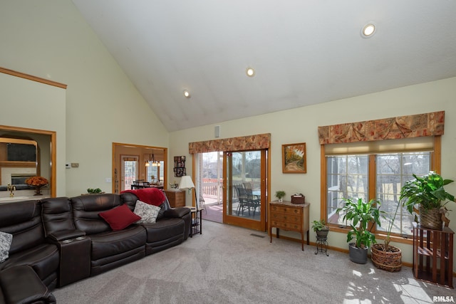 living room featuring visible vents, baseboards, carpet floors, recessed lighting, and high vaulted ceiling