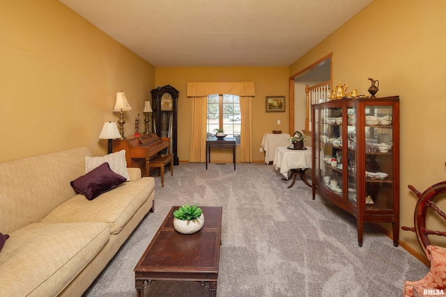 living room featuring baseboards, a textured ceiling, and carpet