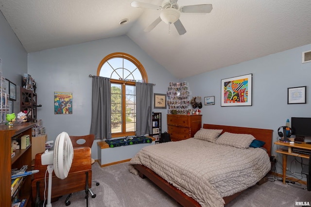 bedroom featuring a ceiling fan, carpet, baseboards, visible vents, and vaulted ceiling