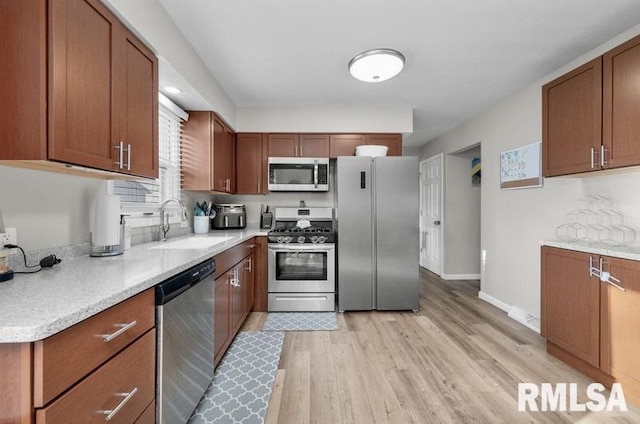 kitchen featuring a sink, appliances with stainless steel finishes, and brown cabinetry