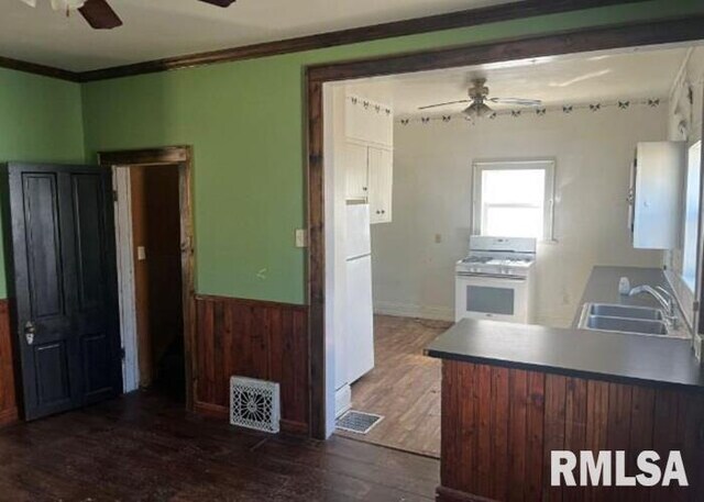 448 N 3rd Ave, Canton, IL 61520 - kitchen with white range with gas cooktop, a ceiling fan, dark wood-style flooring, ornamental molding, and wainscoting