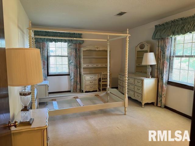 bedroom with visible vents, multiple windows, light colored carpet, and baseboards