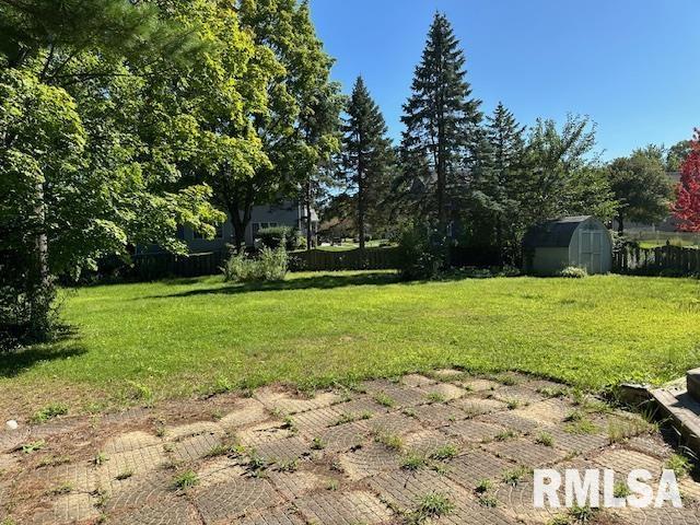 view of yard with an outbuilding, fence, and a shed