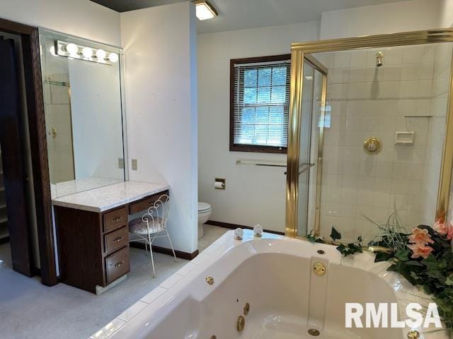 full bathroom featuring baseboards, toilet, a tub with jets, and a shower stall