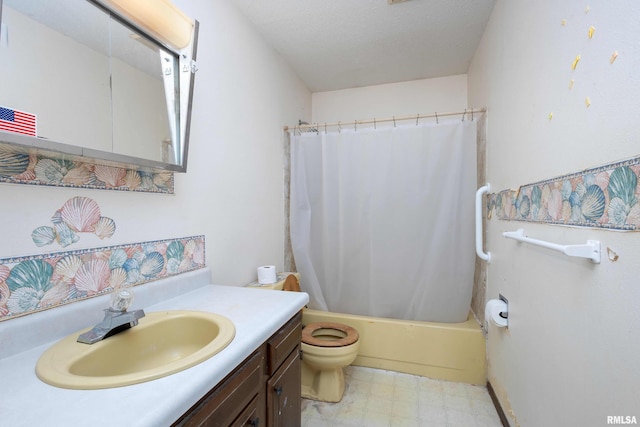 bathroom with tile patterned floors, toilet, vanity, and shower / bath combination with curtain