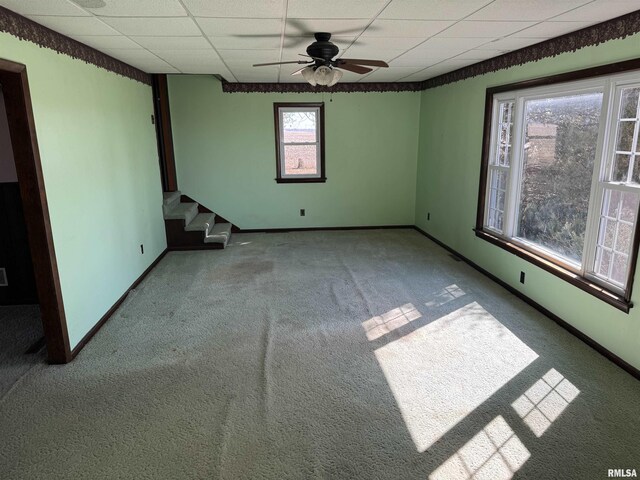 unfurnished room featuring baseboards, a paneled ceiling, carpet, and a ceiling fan