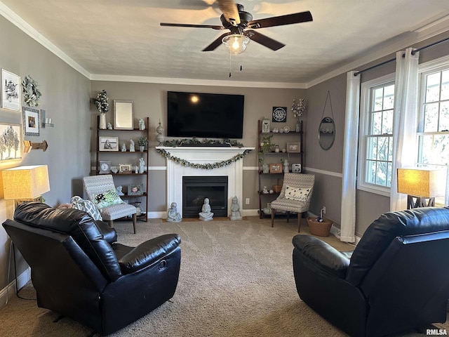 living area with baseboards, carpet floors, a fireplace, ceiling fan, and crown molding