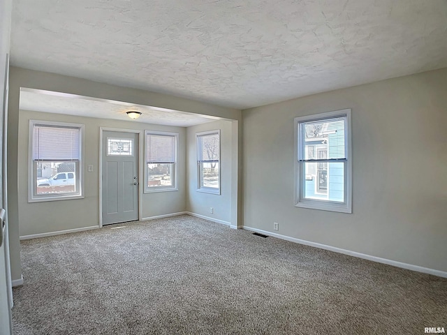 interior space with a wealth of natural light, baseboards, and carpet floors