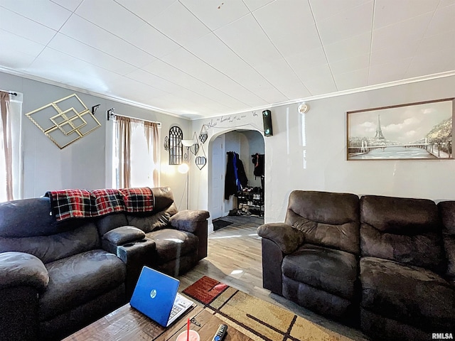 living room featuring crown molding, wood finished floors, and arched walkways