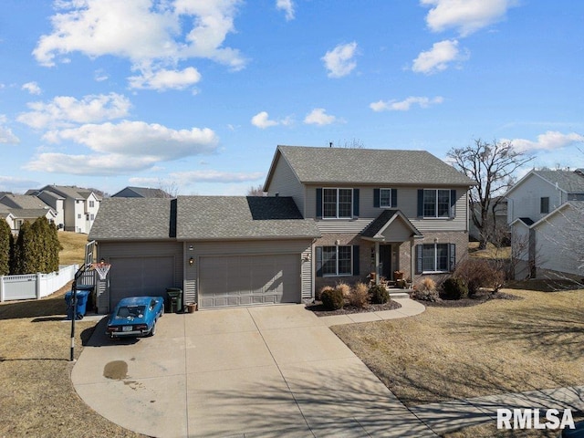 view of front of property with brick siding, a shingled roof, fence, concrete driveway, and a garage