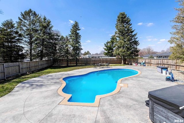 view of pool featuring a fenced in pool, a patio area, and a fenced backyard