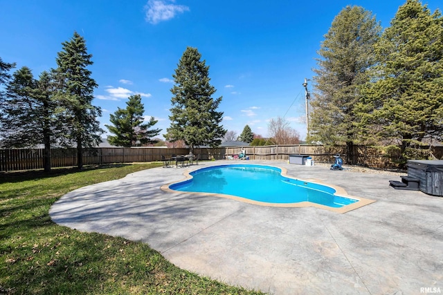 view of swimming pool featuring a fenced in pool, a patio, a fenced backyard, and a lawn