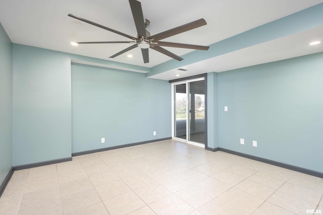 unfurnished room with visible vents, baseboards, a ceiling fan, and recessed lighting