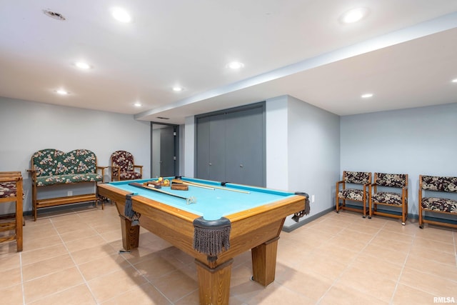 game room featuring baseboards, recessed lighting, light tile patterned flooring, and pool table