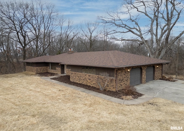 view of front of home featuring brick siding, roof with shingles, concrete driveway, and an attached garage