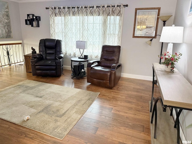 sitting room with baseboards and wood finished floors