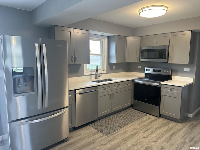 kitchen featuring a sink, appliances with stainless steel finishes, gray cabinetry, and light wood-type flooring