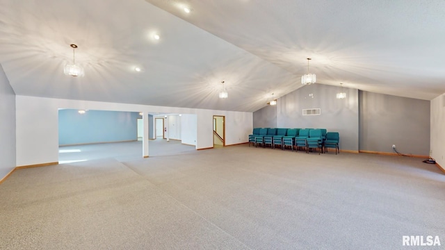 bonus room with visible vents, lofted ceiling, carpet, and baseboards