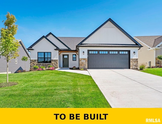view of front of home with stone siding, a garage, board and batten siding, and a front yard
