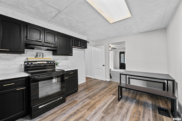 kitchen with under cabinet range hood, dark cabinets, and black electric range oven