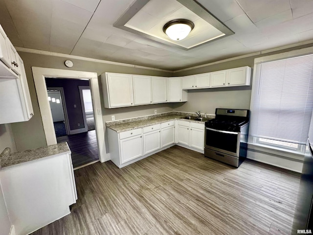 kitchen with gas range, ornamental molding, wood finished floors, white cabinets, and a sink