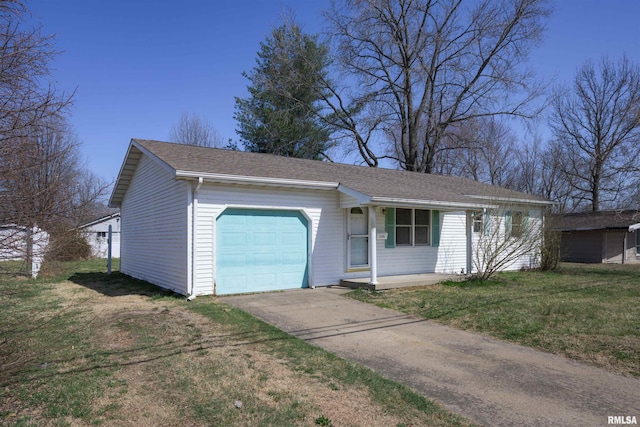ranch-style house with a front lawn, an attached garage, and driveway