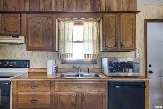 kitchen featuring a sink, under cabinet range hood, range with electric stovetop, dishwasher, and stainless steel microwave