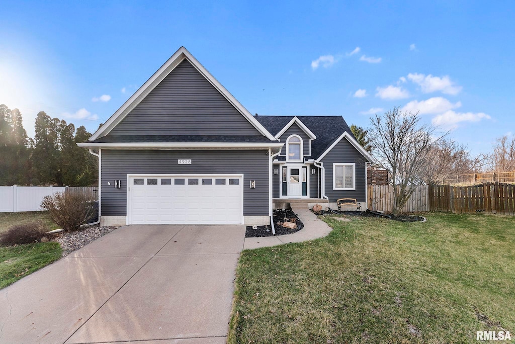 ranch-style house featuring a garage, fence, a front lawn, and concrete driveway