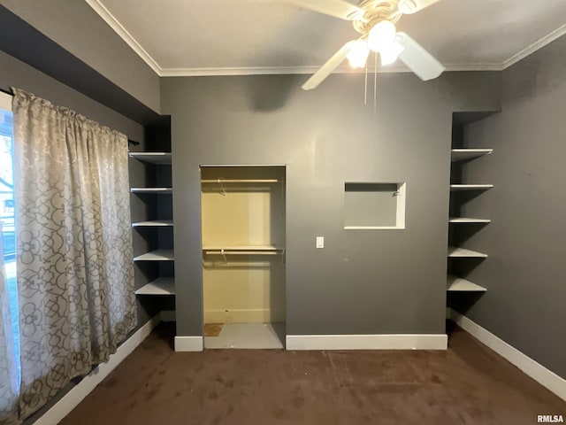 unfurnished bedroom featuring baseboards, crown molding, ceiling fan, and carpet