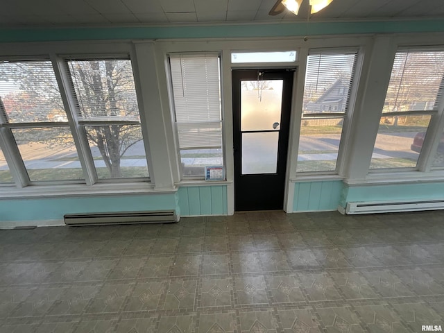 doorway to outside with a healthy amount of sunlight, a baseboard heating unit, dark floors, and a baseboard radiator