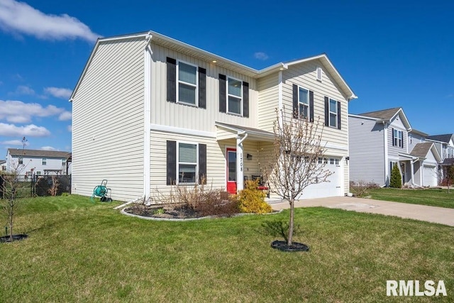 1708 Westport Dr, Davenport, IA 52804 - traditional-style home with fence, an attached garage, a front lawn, board and batten siding, and concrete driveway