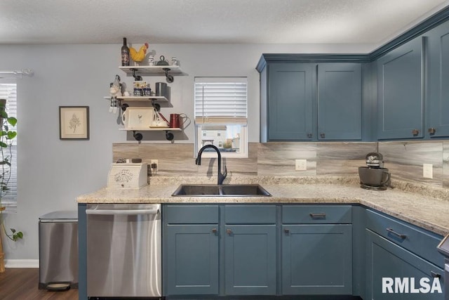 1708 Westport Dr, Davenport, IA 52804 - kitchen with a sink, stainless steel dishwasher, and blue cabinetry