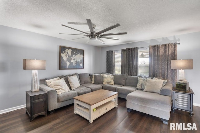 1708 Westport Dr, Davenport, IA 52804 - living room featuring baseboards, a ceiling fan, a textured ceiling, and dark wood-style floors