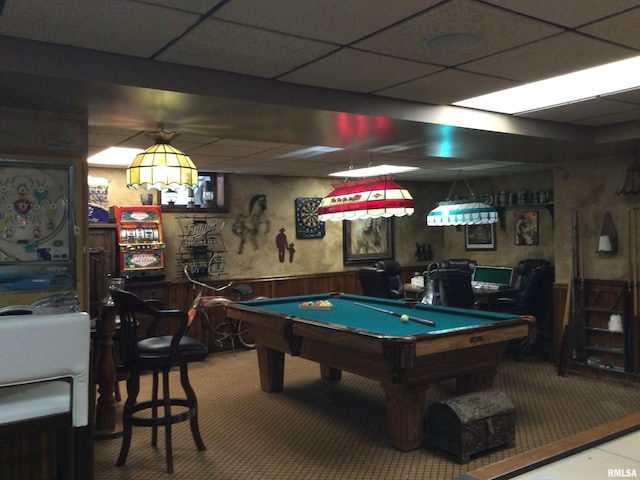 5453 Cherokee Ln, Carbondale, IL 62901 - game room featuring wainscoting, pool table, a drop ceiling, and carpet