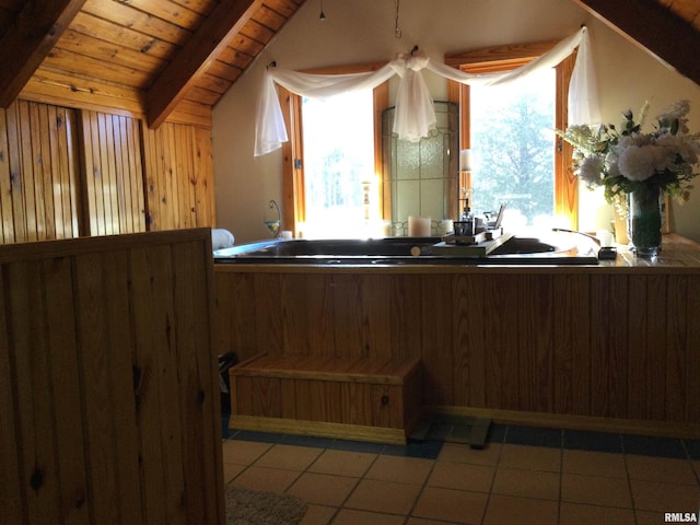 5453 Cherokee Ln, Carbondale, IL 62901 - kitchen featuring vaulted ceiling with beams, tile patterned floors, and wooden ceiling
