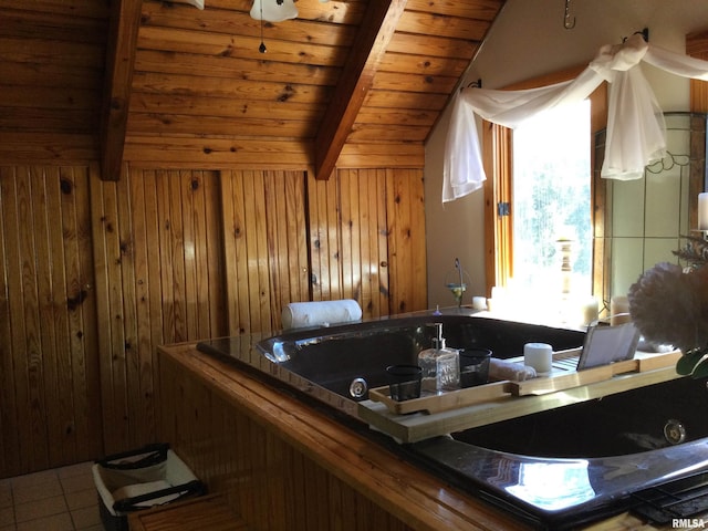 5453 Cherokee Ln, Carbondale, IL 62901 - bathroom with wood walls, vaulted ceiling with beams, wooden ceiling, and tile patterned floors