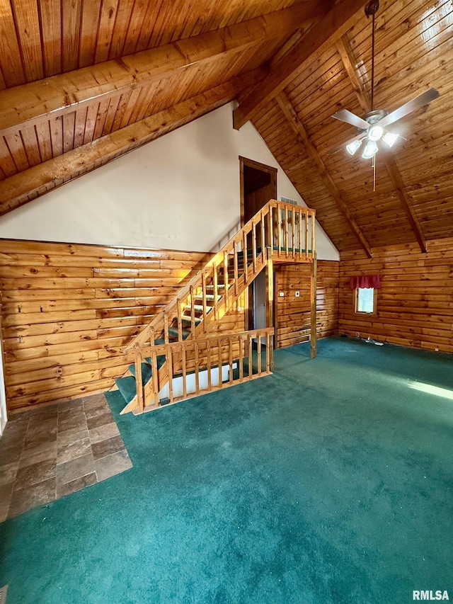 5453 Cherokee Ln, Carbondale, IL 62901 - unfurnished living room featuring wood walls, wood ceiling, beamed ceiling, and a ceiling fan