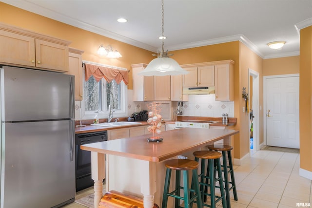 4996 Andrew Rd, Marion, IL 62959 - kitchen with freestanding refrigerator, dishwasher, under cabinet range hood, light brown cabinetry, and backsplash