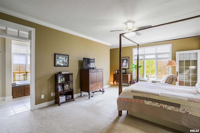4996 Andrew Rd, Marion, IL 62959 - bedroom featuring crown molding, carpet flooring, ensuite bathroom, a textured ceiling, and ceiling fan