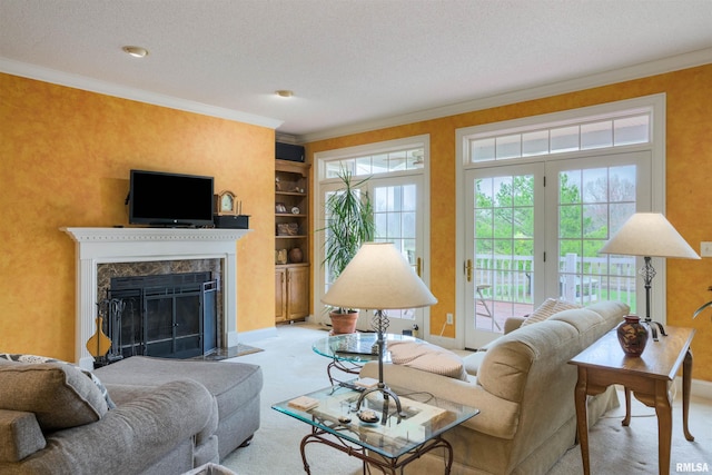 4996 Andrew Rd, Marion, IL 62959 - carpeted living area with ornamental molding, healthy amount of natural light, a fireplace, and a textured ceiling