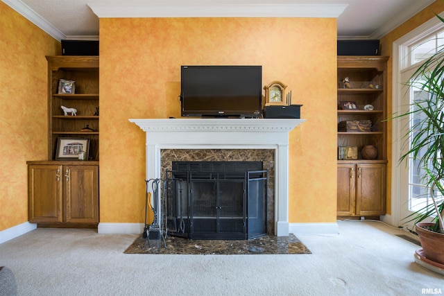 4996 Andrew Rd, Marion, IL 62959 - carpeted living room featuring crown molding and a high end fireplace