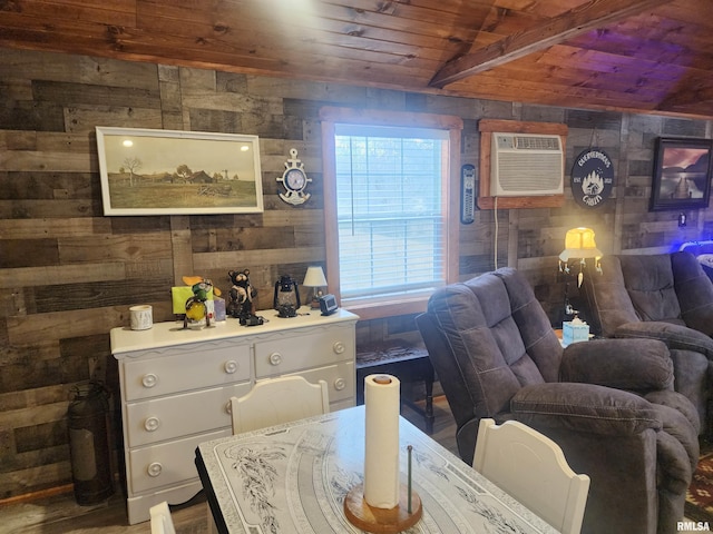 10 Womack Rd, Galatia, IL 62935 - dining space featuring wooden ceiling, wooden walls, and a wall mounted air conditioner
