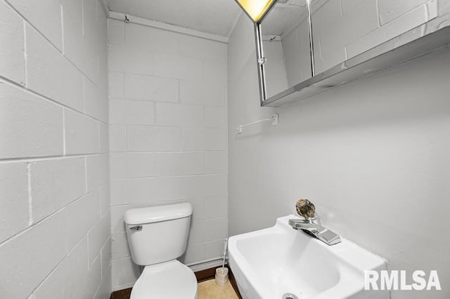 bathroom featuring a sink, toilet, and concrete block wall