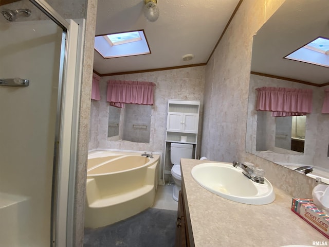 100 Little John Loop, Tunnel Hill, IL 62972 - bathroom with lofted ceiling, a skylight, a shower stall, a bath, and vanity
