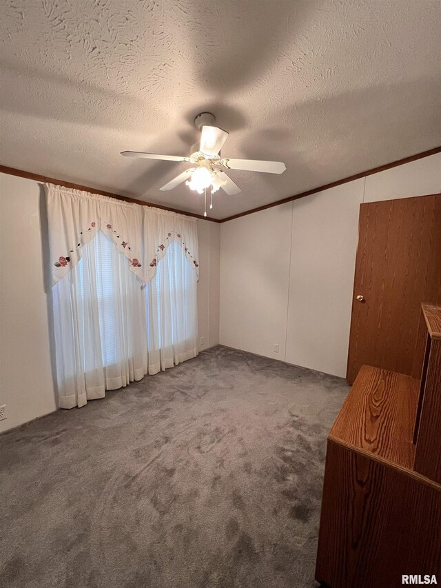 100 Little John Loop, Tunnel Hill, IL 62972 - unfurnished room with dark colored carpet, ceiling fan, a textured ceiling, and ornamental molding