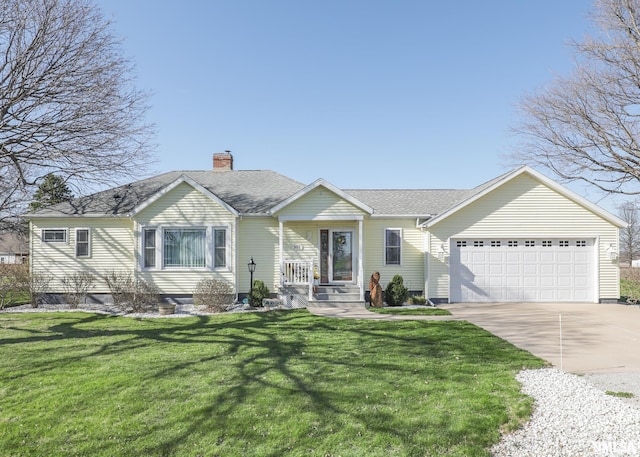 ranch-style house featuring a shingled roof, a garage, a chimney, a front lawn, and driveway