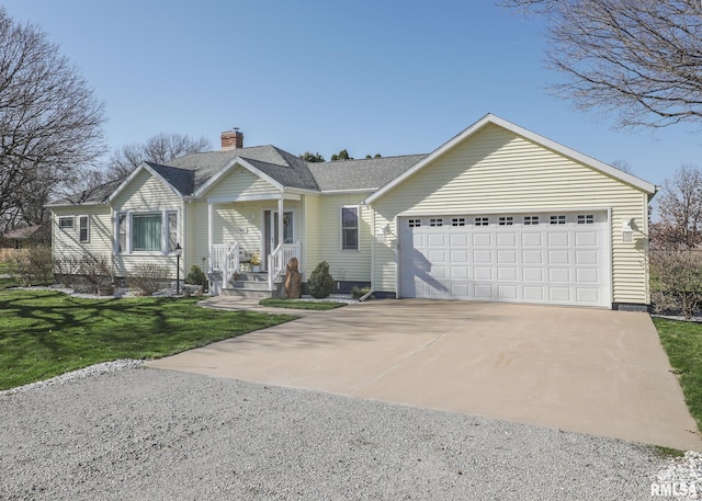 ranch-style home with an attached garage, a chimney, concrete driveway, a front lawn, and roof with shingles