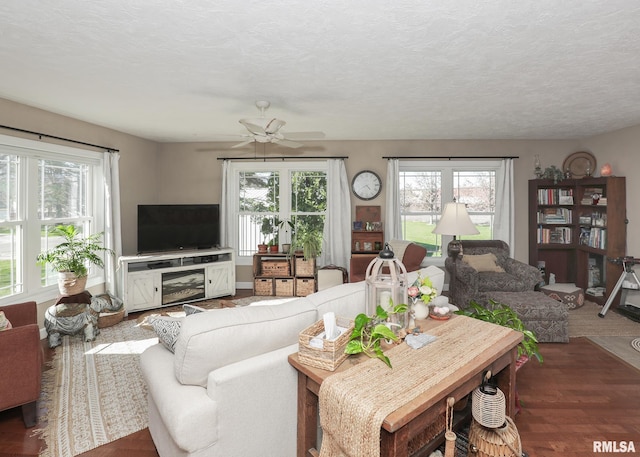 living room with a textured ceiling, ceiling fan, and a wealth of natural light